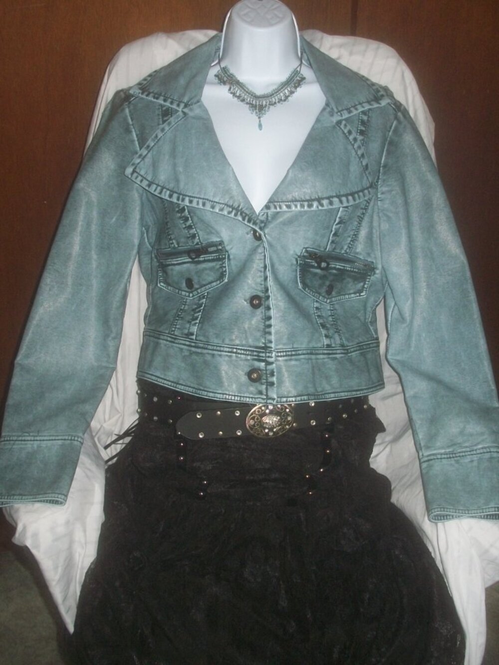 womens leather lined biker jacket.Faux leather.Denim look.size large
